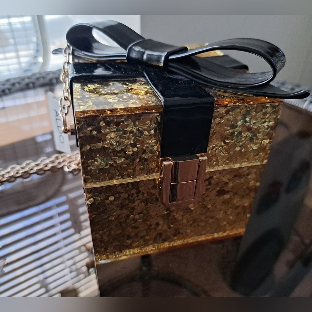 Gold Glitter Box Clutch with Black Bow